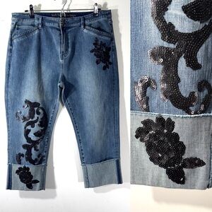 Soft Surroundings Nicola Sequin Applique Cuffed Cropped Jeans